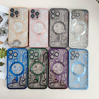 เคส TPU นิ่ม แบบใส ลายนาฬิกากลไก สําหรับ iPhone 15 Pro Max 15 Plus ฝาครอบชาร์จไร้สาย แบบแม่เหล็ก