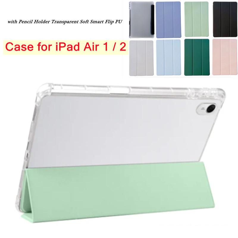 For Apple iPad Air 1 2 Case 2013 2014 Flip Cases Magnetic Air2 9.7'' A1566 A1567 Air A1474 A1475  A1476 with Pencil Holder Transparent Soft Smart Flip PU