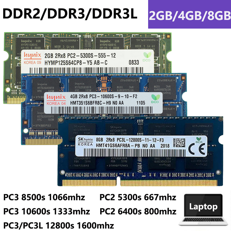 หน่วยความจําแล็ปท็อป 8GB 4GB 2GB DDR2 DDR3 DDR3L PC2-5300S PC2-6400S PC3-8500S PC3-10600S PC3 PC3L-12800S 667MHz 800MHz 1066Mhz 1333MHz 1600MHz สําหรับ Hynix