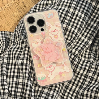 เคสโทรศัพท์มือถือ pc แข็ง ลายการ์ตูนกระต่าย ลูกสุนัข สีชมพู และสีขาว พร้อมขาตั้ง สําหรับ iPhone 14Pro max case 13Pro max 12Pro max 14Pro 13Pro 12Pro 11 12 13 14 case