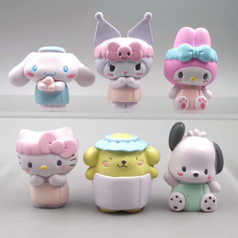 6 ชิ้น/เซ็ตอะนิเมะรูป Hello Kitty Kuromi My Melody Cinnamoroll Pochacco Pom Pom Purin รุ่น Q PVC ตัวเลขการกระทําของเล่นตุ๊กตา