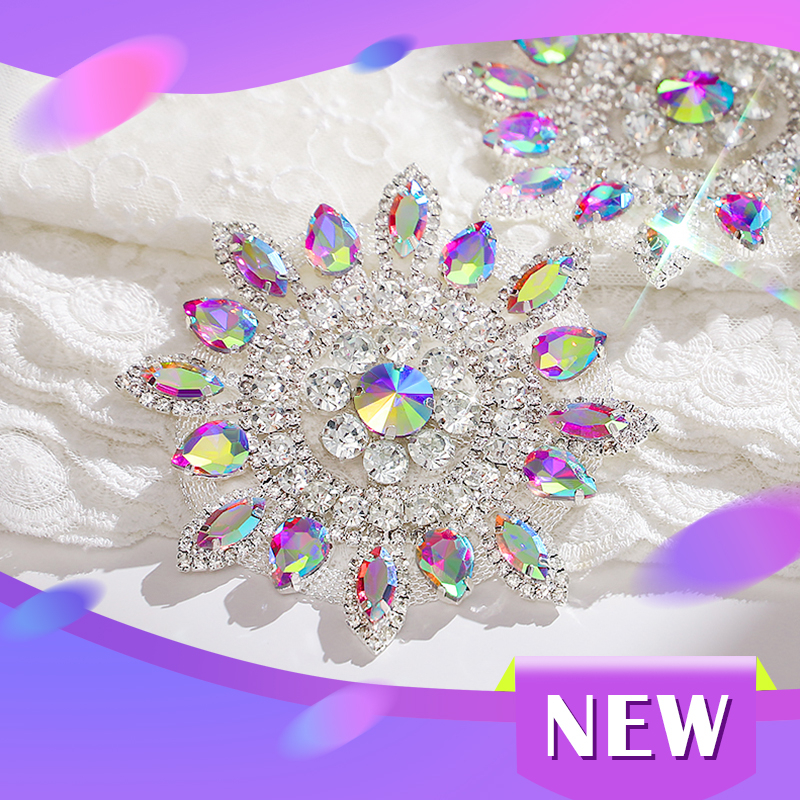 พลอยเทียมคริสตัล AB ขนาด 9.7 ซม. ฐานสีเงิน สําหรับตกแต่งเสื้อผ้า ชุดแต่งงาน DIY