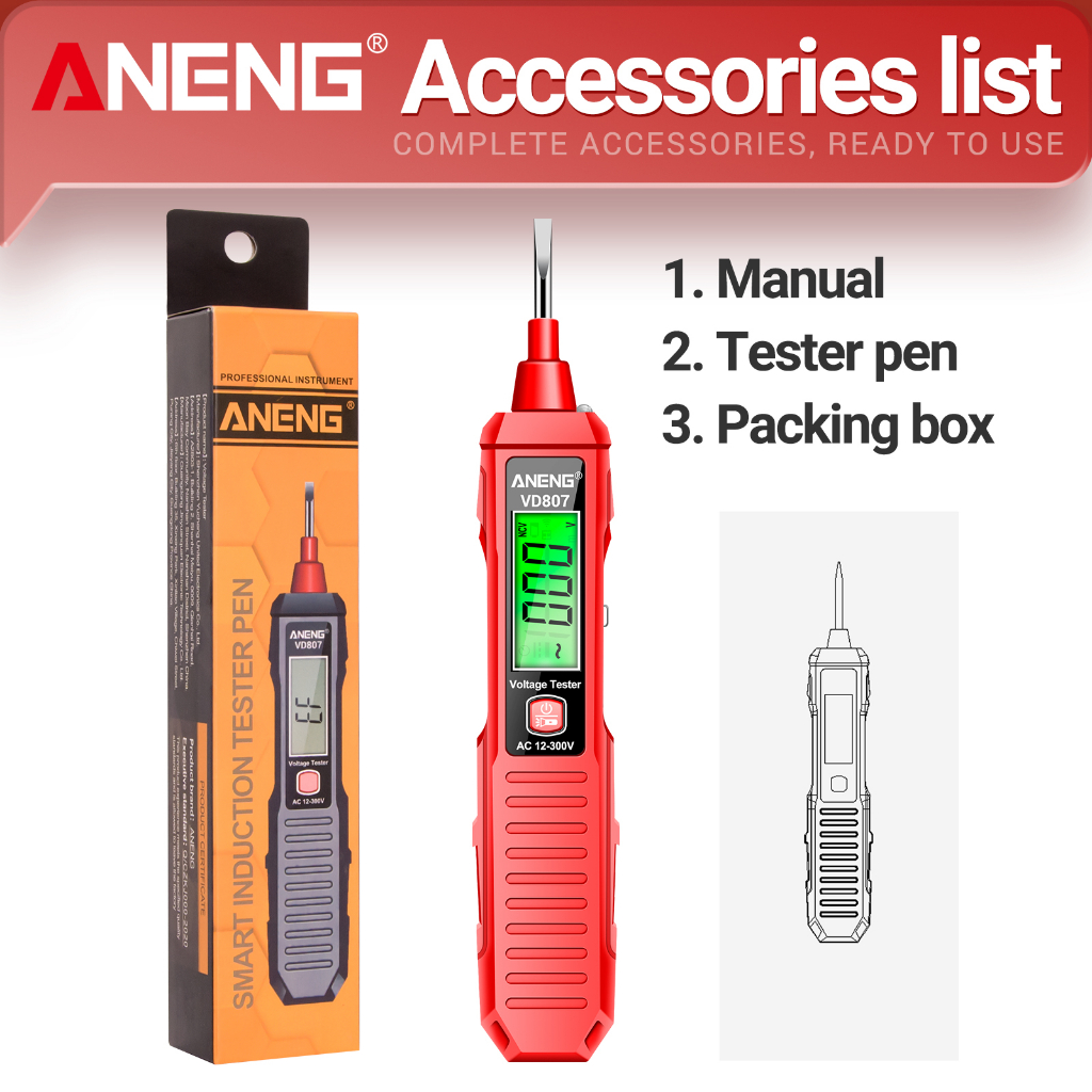 Aneng VD807 ปากกาทดสอบแรงดันไฟฟ้า AC 12-300V NCV เซนเซอร์ตรวจจับสายไฟ 50 60Hz