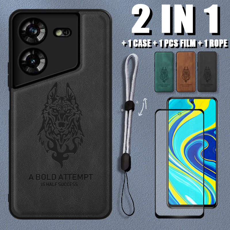 เคสหนังหรูหรา ลายหมาป่า 2 IN 1 สําหรับ Tecno Pova 5 LH7n พร้อมตัวป้องกันหน้าจอเซรามิค และสายคล้องโทรศัพท์ ปรับได้