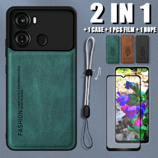 2 IN 1 เคสหนังนิ่ม หรูหรา พร้อมฟิล์มเซรามิค และสายคล้องโทรศัพท์ ปรับได้ สําหรับ Itel P40