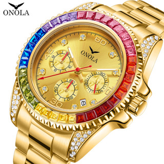 ONOLA 6842G แฟชั่นผู้ชาย All-match แหวนสายรุ้ง Water Brick Design Waterproof Quartz Mens Watch 2023 ใหม่ Solid Core Stainless Steel Strap Waterproof Mens Watch