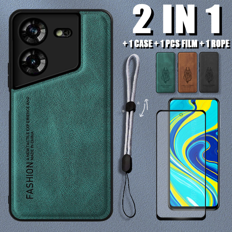 2 IN 1 เคสหนังนิ่ม หรูหรา พร้อมฟิล์มเซรามิค และสายคล้องโทรศัพท์ ปรับได้ สําหรับ Tecno Pova 5 LH7n