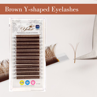 Yelix Brown Y Eyelashes ต่อขนตา YY Brazilian Volume Lashes Natural Soft Premade Fans ขนตาแต่ละชิ้น