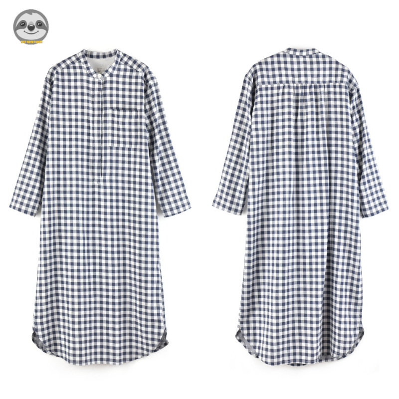 สไตล์ญี่ปุ่น Muji / ชุดนอนไหมพรมคู่ สําหรับผู้หญิง / ชุดนอนลายสก๊อต สีพื้น / ชุดนอนนุ่มสบาย / กระโปรงคนท้อง ทรงหลวม