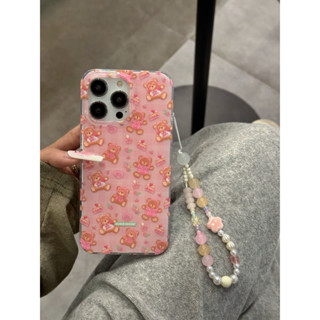 เคสโทรศัพท์มือถือ pc แข็ง ขอบนิ่ม ลายการ์ตูนแมวน่ารัก สีชมพู พร้อมสายโซ่ลูกปัด สําหรับ iPhone 14Pro max case 13Pro max 12Pro max 14Pro 13Pro 12Pro 11 12 13 14 case