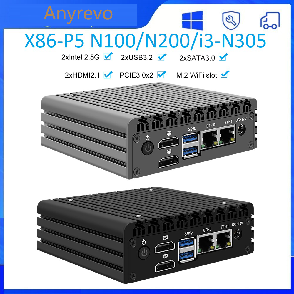 X86 P5 Fanless Mini PC Firewall Router 12th Gen Intel N100 DDR5 4800MHz 2x i226-V 2.5G LAN HDMI2.1 W