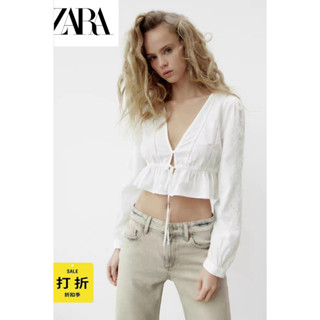 Zara ใหม่ เสื้อเชิ้ต คอวี แขนยาว ปักลาย เอวสูง ผูกโบว์ สีขาว แฟชั่นสําหรับสตรี