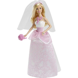 Barbie Bride Doll in Fairytale-Inspired White and Pink Wedding Dress with Ring, Veil and Bouquet, Blonde Hair CFF37 ตุ๊กตาบาร์บี้ ชุดเจ้าสาว สีขาว และสีชมพู พร้อมผ้าคลุมหน้า และช่อดอกไม้ CFF37