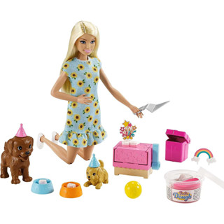 Barbie Puppy Party Doll and Playset, Blonde Doll with Sunflower Dress, 2 Pet Puppies, Cake Mold, Dough and Accessories GXV75 ตุ๊กตาบาร์บี้ ลูกสุนัข และชุดของเล่น พร้อมชุดดอกทานตะวัน 2 ชิ้น แม่พิมพ์เค้ก แป้งโดว์ และอุปกรณ์เสริม GXV75