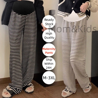 Mom &amp; Kids M-3XL กางเกงคนท้อง ลายทาง ใหม่ สไตล์คนท้อง ตรง ขากว้าง สําหรับหญิงตั้งครรภ์ หลวม ลําลอง เอวสูง คนท้อง