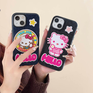 เคสป้องกันโทรศัพท์มือถือ ผ้ายีน ปักลายการ์ตูนคิตตี้ คุณภาพสูง สําหรับ iPhone14 13 12 11 Pro MAX