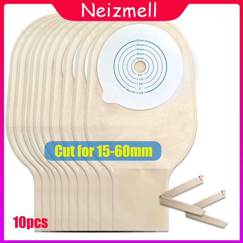 HDR 10pcs 15-60 มม.ตัดขนาด Beige Cover Drainable one-single System Ostomy กระเป๋า Colostomy กระเป๋า 2 คลิป stoma