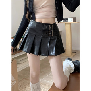 High waisted pleated skirt for women, slim A-line skirt, ins skirt, spicy girl, PU leather short skirt