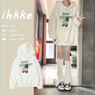 Ihkke เสื้อกันหนาว มีฮู้ด ลําลอง ทรงหลวม ขนาดใหญ่ สไตล์อเมริกันเรโทร สําหรับผู้หญิง