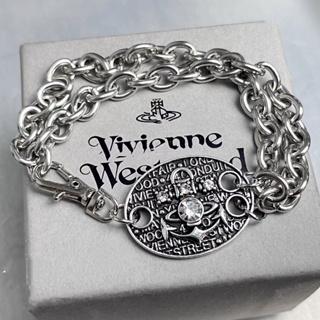 Vivienne westwood สร้อยข้อมือเงิน ประดับเพชร ทรงกลม หนา สไตล์เรโทร