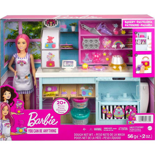 Barbie Bakery Doll &amp; Playset with Pink-Haired Petite Doll, Baking Station, Cake-Making Molds &amp; Dough &amp; 20+ Accessories HGB73 ชุดของเล่นตุ๊กตาบาร์บี้ และแม่พิมพ์ทําเค้ก และแป้งโดว์ และตุ๊กตา สีชมพู 20+ HGB73