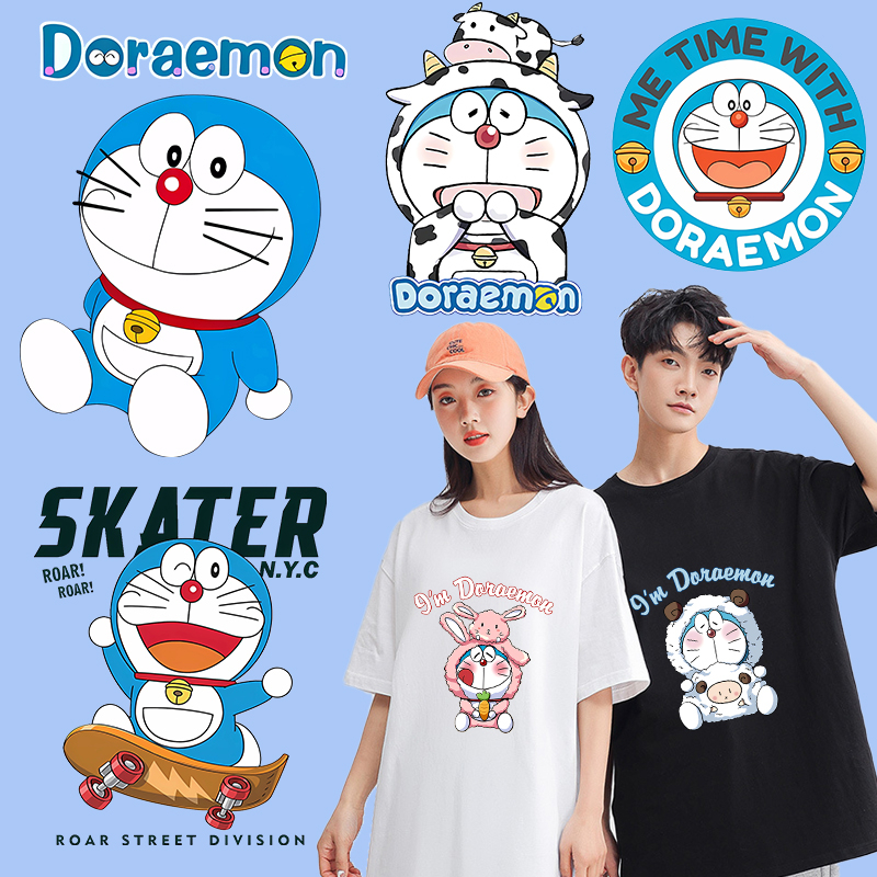 แผ่นแพทช์รีดร้อน พิมพ์ลายการ์ตูนโดราเอมอน DIY สําหรับตกแต่งเสื้อยืด