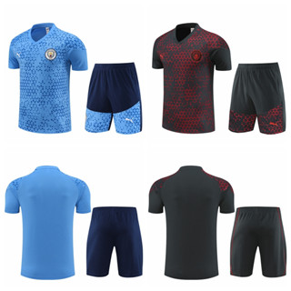 เสื้อกีฬาแขนสั้น ลายทีมฟุตบอล Manchester City 2023-24 ชุดเหย้า และกางเกงขาสั้น