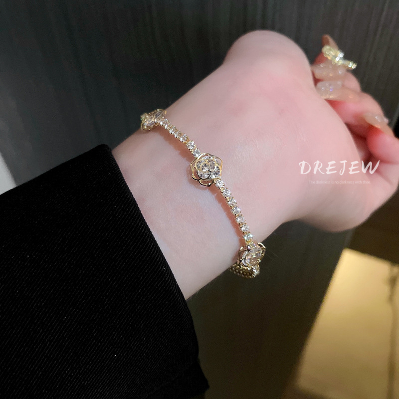 DREJEW สร้อยข้อมือ ทอง 18K ประดับเพทาย ลายดอกไม้ หรูหรา สไตล์เกาหลี สําหรับผู้หญิง