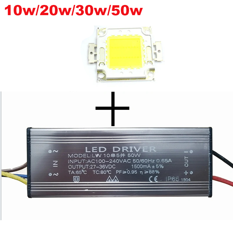 ชิปหลอดไฟ LED COB 10W 20W 30W 50W พร้อมพาวเวอร์ซัพพลายไดรเวอร์ LED สําหรับไฟฟลัดไลท์ LED 1 ชุด