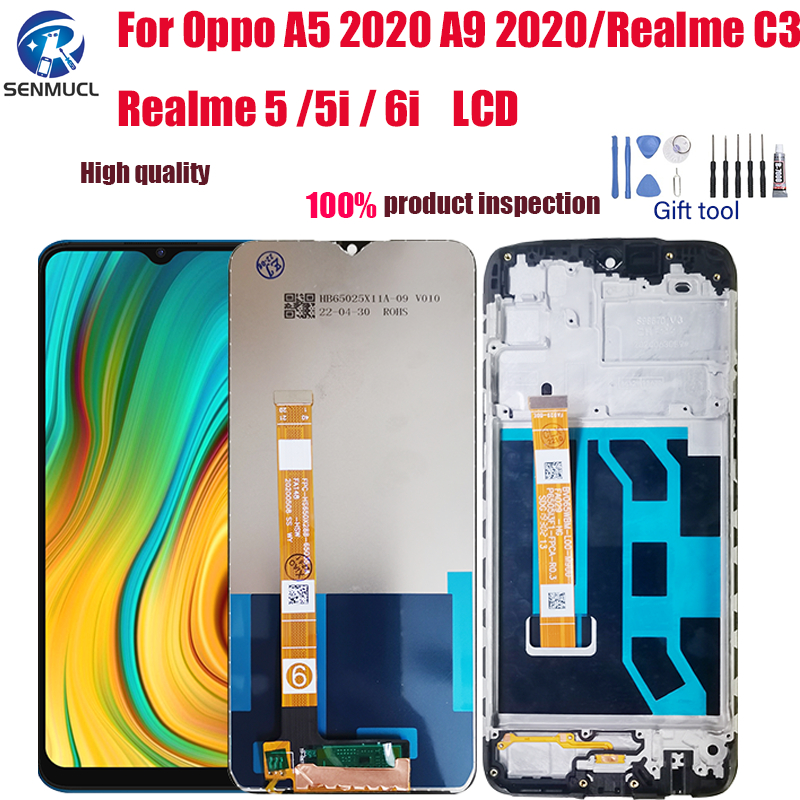 แผงหน้าจอสัมผัสดิจิทัล LCD พร้อมกรอบ สําหรับ Oppo A5 2020 A9 2020 Realme C3 Realme 5 5i 6i