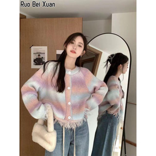 Ruo Bei Xuan เสื้อกันหนาวคาร์ดิแกน ผ้าถัก สีรุ้ง สไตล์เรโทร สําหรับผู้หญิง