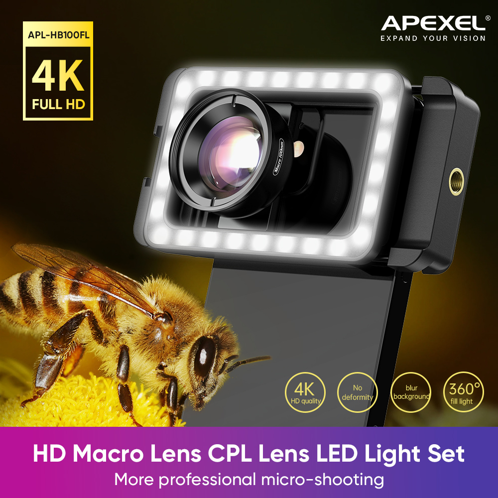 APEXEL 4K HD เลนส์มาโคร CPL เลนส์ชุดไฟ LED การถ่ายภาพขนาดเล็กระดับมืออาชีพเพิ่มเติม