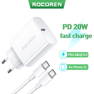 Rocoren อะแดปเตอร์ปลั๊กชาร์จ PD 20W 1C Type C ชาร์จเร็ว สําหรับ iPhone 15 14 iPad iWatch Samsung Travel
