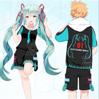 เสื้อเบลาส์แขนสั้น มีฮู้ด ลายการ์ตูนอนิเมะ Hatsune Miku แฟชั่นสําหรับผู้ชาย และผู้หญิง