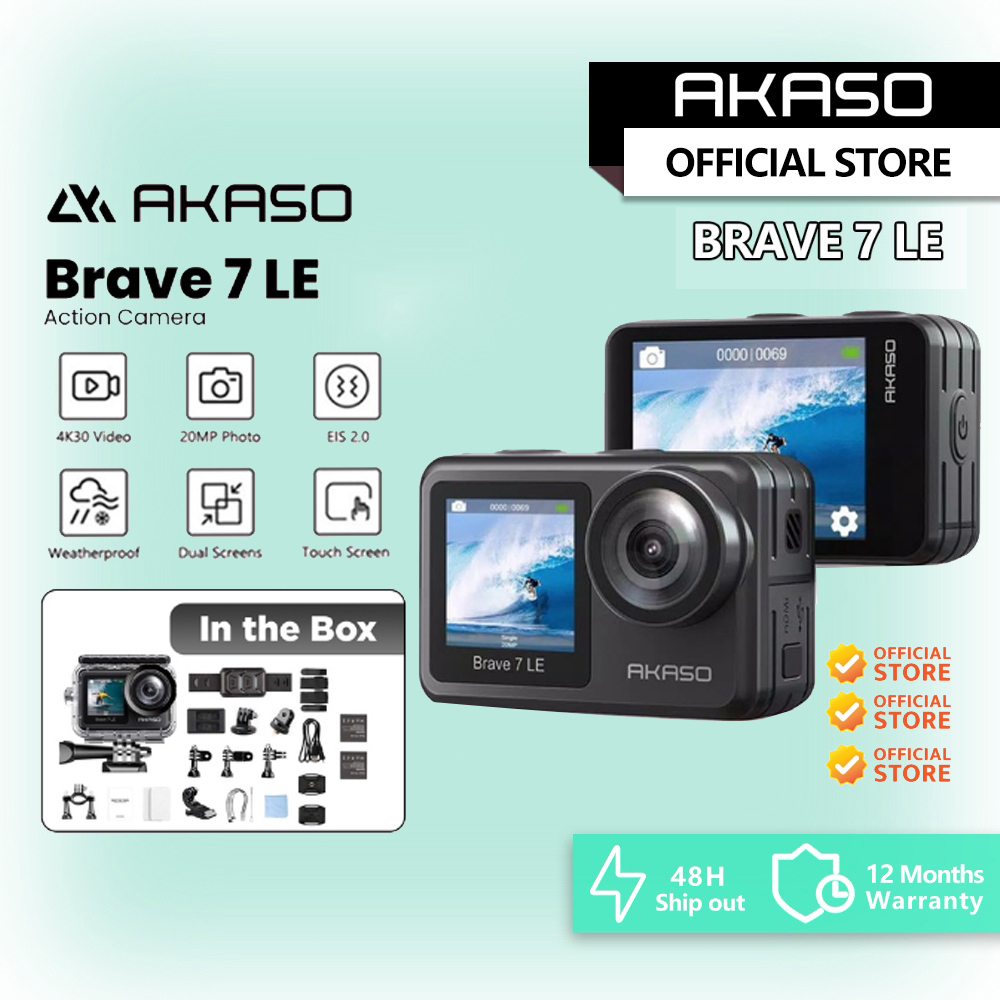 Akaso Brave 7 LE กล้องแอคชั่น 4K 30FPS 20MP WiFi หน้าจอคู่ กล้องขนาดเล็ก สําหรับหมวกกันน็อค Vlogging กล้องกันน้ํา รับประกันหนึ่งปี