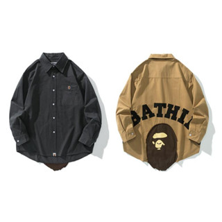 Bape เสื้อเชิ้ตแขนยาวลําลอง ผ้าฝ้าย พิมพ์ลาย มีสไตล์ สําหรับทุกเพศ