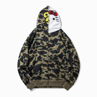 Bape เสื้อฮู้ดดี้ ผ้าฝ้าย พิมพ์ลาย malika kitty มีซิป สไตล์ลําลอง สําหรับทุกเพศ