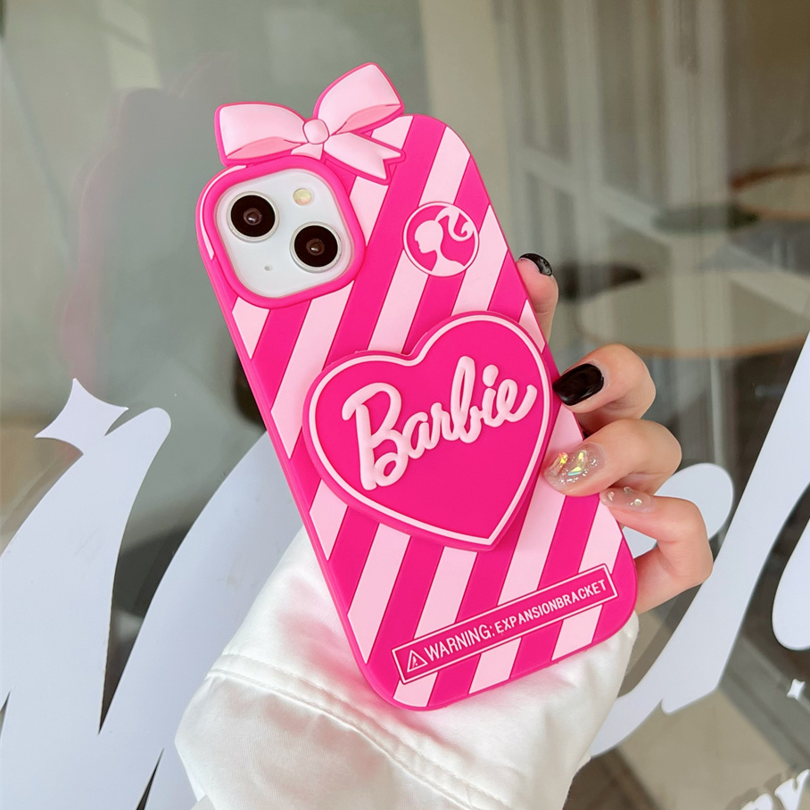 เคสโทรศัพท์มือถือ ซิลิโคนนิ่ม ลายบาร์บี้ 3D พร้อมขาตั้ง สําหรับ iphone 15 Pro Max 14 Pro Max 13 Pro Max 12 Pro Max