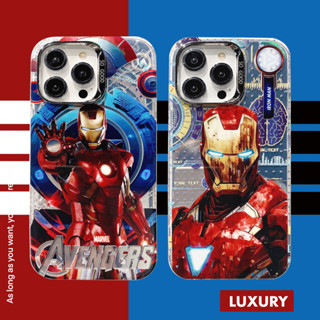 เคสโทรศัพท์มือถือ ซิลิโคนนิ่ม ชุบไฟฟ้า ลายการ์ตูน Iron Man พร้อมกรอบกระจก สําหรับ iPhone 15 pro max 14 pro 13 pro max 12 pro 11