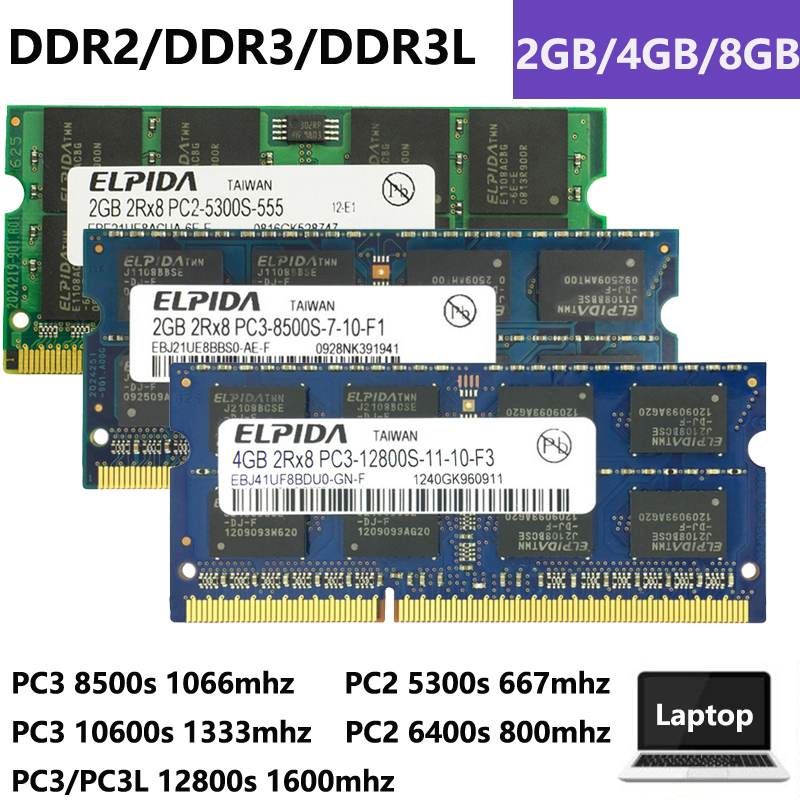 Elpida 8GB 4GB 2GB DDR2 DDR3/DDR3L PC2-5300S PC2-6400S PC3-8500S PC3-10600S PC3/PC3L-12800S 667MHz 800MHz 1066Mhz 1333MHz 1600MHz สําหรับแล ็ ปท ็ อป RAM หน ่ วยความจํา