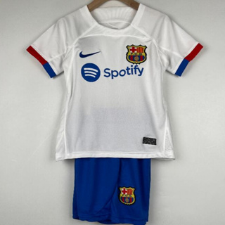 เสื้อกีฬาแขนสั้น ลายทีมชาติฟุตบอล Barcelona ชุดเยือน สีขาว สําหรับเด็ก 23 24