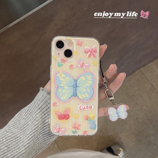 เคสโทรศัพท์มือถือ pc แข็ง ขอบนิ่ม ลายการ์ตูนผีเสื้อ พร้อมจี้ สําหรับ iPhone 14Pro max case 13Pro max 12Pro max 14Pro 13Pro 12Pro 11 12 13 14 case