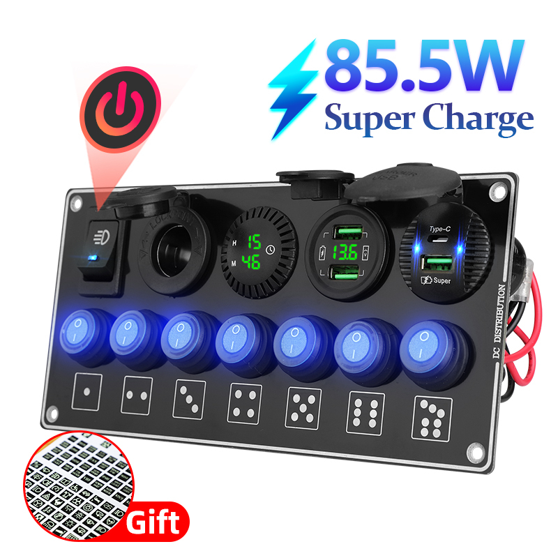 พร้อมส่ง แผงสวิตช์โยกเปิด ปิด 12V 7 Gang QC3.0 & PD โวลต์มิเตอร์ชาร์จเร็ว กันน้ํา USB อุปกรณ์เสริม สําหรับรถยนต์ รถบรรทุก เรือ RV