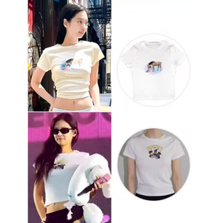 เสื้อครอปแขนสั้น ผ้าฝ้าย พิมพ์ลายการ์ตูน Blackpink Jennie เซ็กซี่ เหมาะกับฤดูร้อน สําหรับผู้หญิง