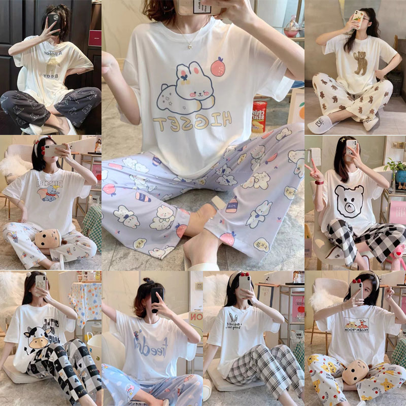Fashion-TH ชุดนอนผู้หญิง แขนสั้น+กางเกงขายาว ชุดนอน น่ารัก เบาและบาง ชุดนอนการ์ตูน