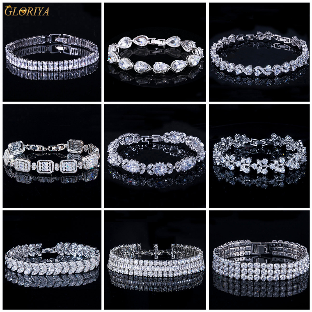 GLORIYA หรูหราแฟชั่น Paved AAA Bling Cubic Zirconia คริสตัลสร้อยข้อมือกําไลข้อมือผู้หญิงอาหารค่ําเงิน Pallting เครื่องประดับสําหรับเจ้าสาว B170