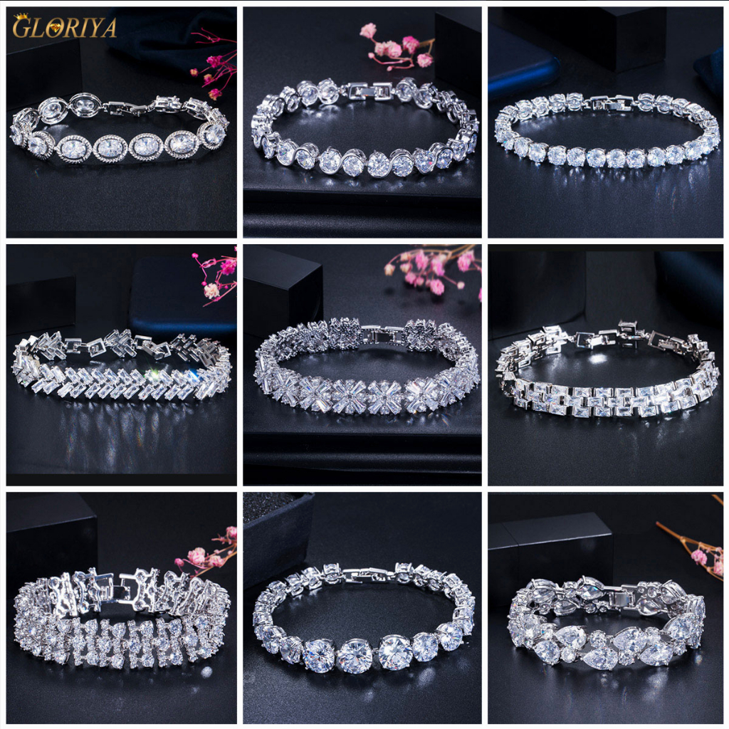 Gloriya พราว AAA Cubic Zirconia หิน Paved การตั้งค่ากําไลข้อมือผู้หญิงเจ้าสาวสีขาว Gold Plated จัดเลี้ยงเครื่องประดับมือ B169