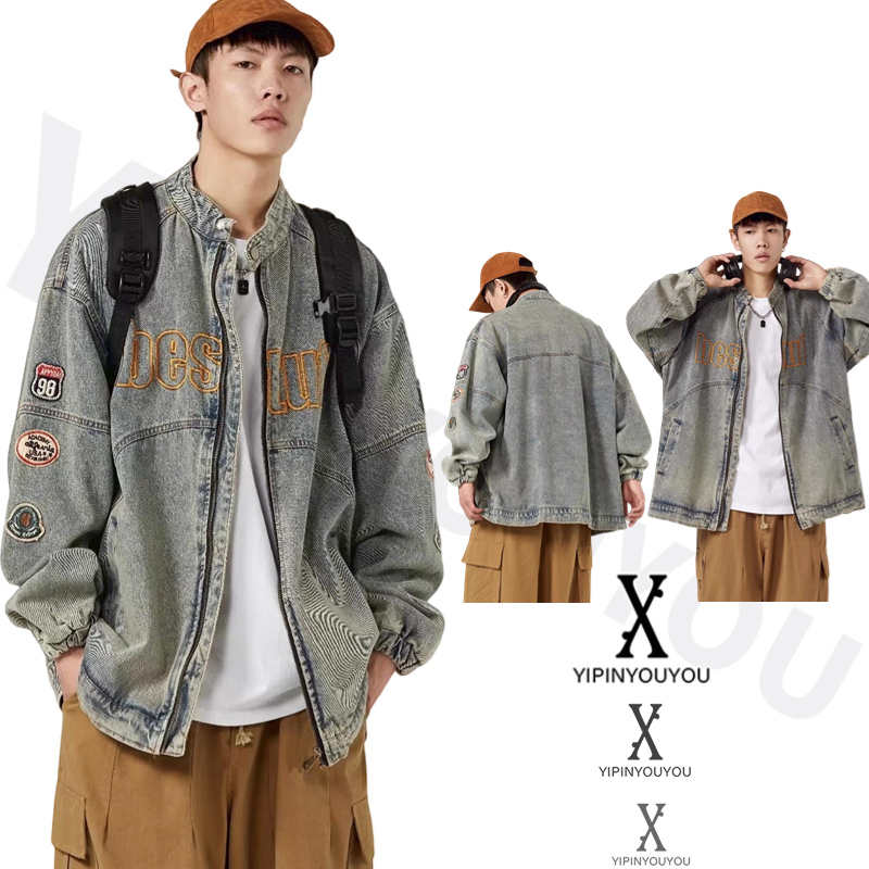 YIPINYOUYOU เสื้อแจ็คเก็ตยีนส์ผู้ชาย สไตล์ฮ่องกง ย้อนยุค ฮิปฮอป เสื้อแจ็คเก็ตยีนส์ ทรงหลวม ใส่ได้ทั้งชายและหญิง