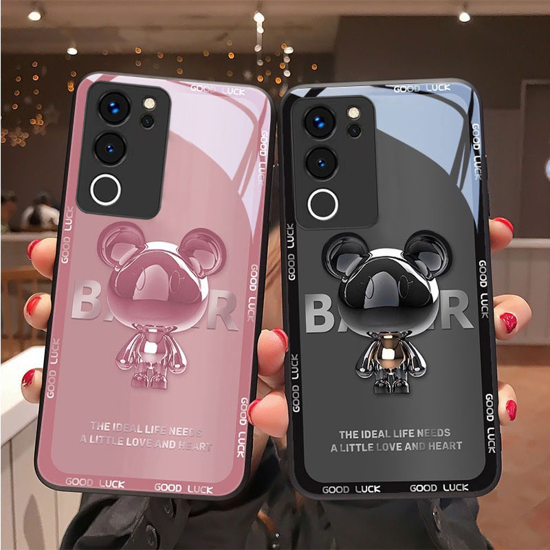 เคส Vivo V29 V27 Y36 Y100 5G เคส Vivo V23 5G เคส Vivo V25E V25 Pro Y22 Y22S โทรศัพท์กระจก กันกระแทก ลายหมีโลหะ หรูหรา สําหรับ