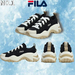 รองเท้าผ้าใบ Fila Fishbone ส้นเตี้ย พื้นหนา สีดํา และสีขาว สําหรับผู้หญิง